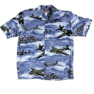 VTG Kalaheo Hawaiian Shirt Button Up War Plane Airplanes Blue Sz L Hawaii